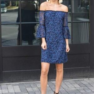 DANLYN NAVY BLUE LACE OFF-THE-SHOULDER DRESS BB DA